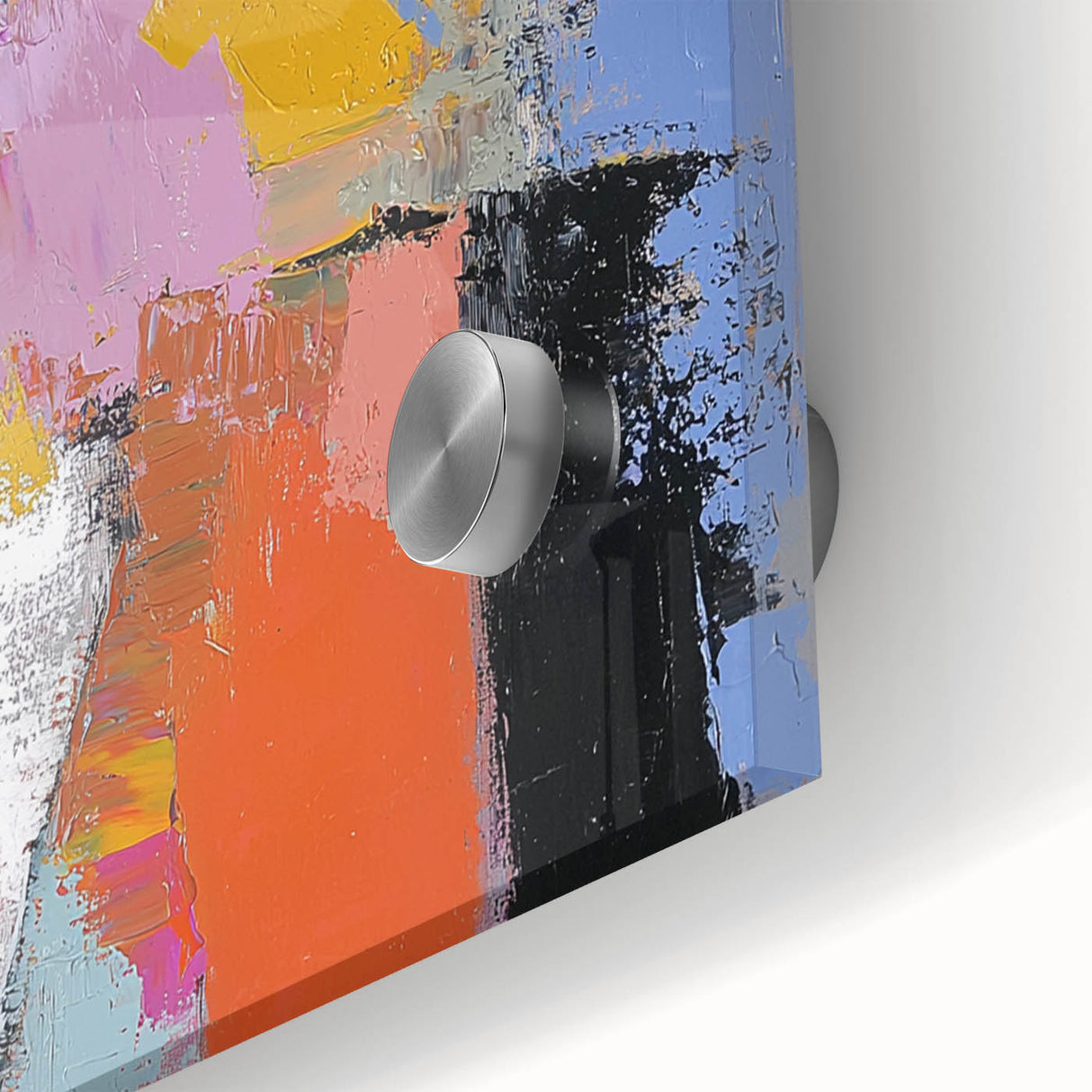 Abstract figurative acrylic artwork on glass, showcasing vibrant colors and intricate textures, ideal for modern home decor or art enthusiasts. Perfect for adding a contemporary touch to any interior space.