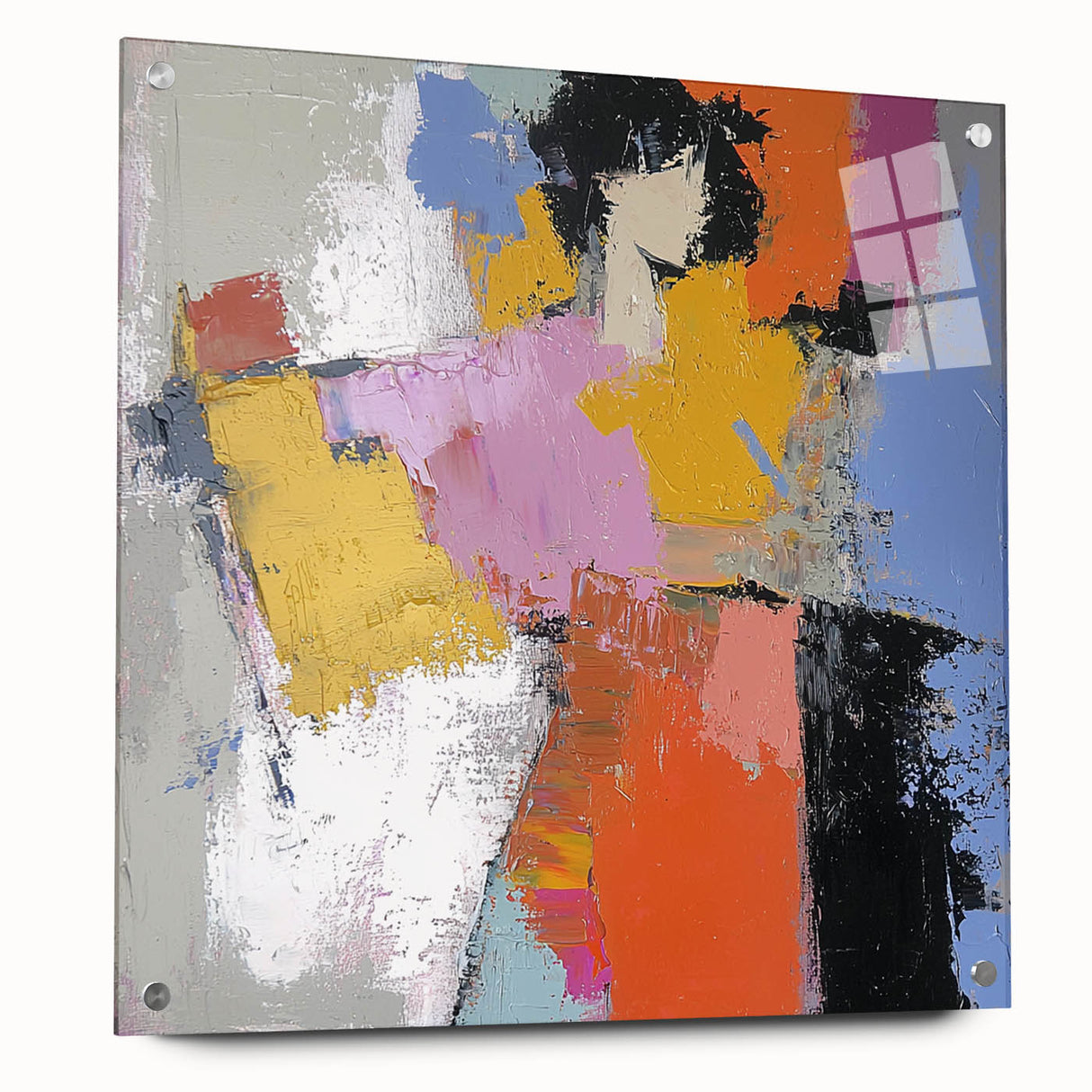 Abstract figurative acrylic artwork displayed from a side view, showcasing vibrant colors and intricate details, secured with decorative pins for an artistic finish.