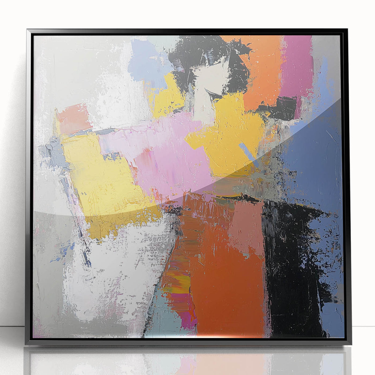 Framed abstract figurative art piece in black acrylic, showcasing dynamic shapes and textures, ideal for contemporary home decor and modern art enthusiasts.