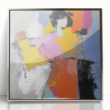 Abstract figurative wall art in a sleek silver frame, showcasing vibrant colors and dynamic shapes, perfect for modern home decor and artistic expression.