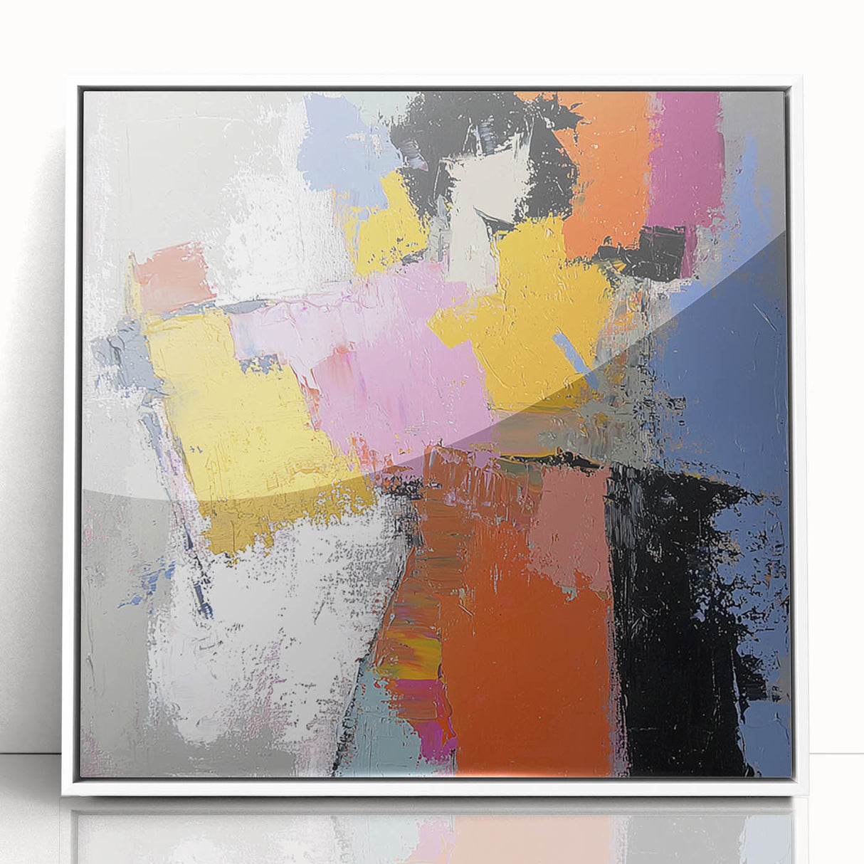 Abstract figurative artwork in a sleek white frame, showcasing vibrant colors and dynamic shapes, perfect for modern home decor and artistic expression.