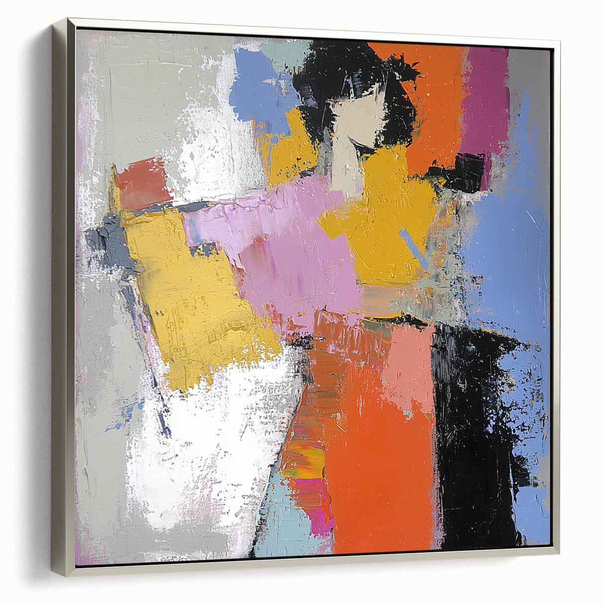 Framed abstract figurative canvas art with a sleek silver frame, showcasing vibrant colors and dynamic shapes, perfect for modern home decor.