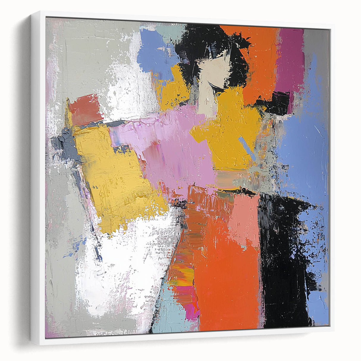 Abstract figurative framed canvas artwork showcasing a modern design with vibrant colors and intricate patterns, displayed from a side view against a neutral background.