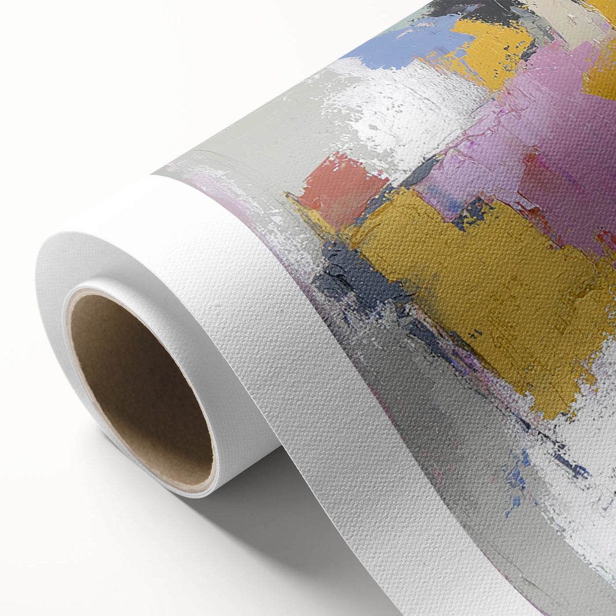 Abstract figurative art on rolled canvas showcasing vibrant colors and dynamic shapes, ideal for contemporary decor. Packaged securely in a cardboard tube for safe delivery.