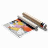 Abstract figurative art print showcasing vibrant colors and dynamic shapes, rolled for easy shipping in a protective cardboard tube, perfect for home decor.