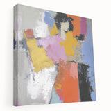 Abstract figurative stretched canvas artwork showcasing vibrant colors and dynamic shapes, viewed from the side, ideal for modern home decor and artistic expression.
