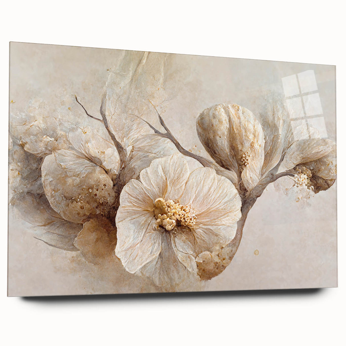 Abstract floral wall art displayed in a sleek acrylic glass frame, showcasing vibrant colors and intricate designs, ideal for modern home decor.