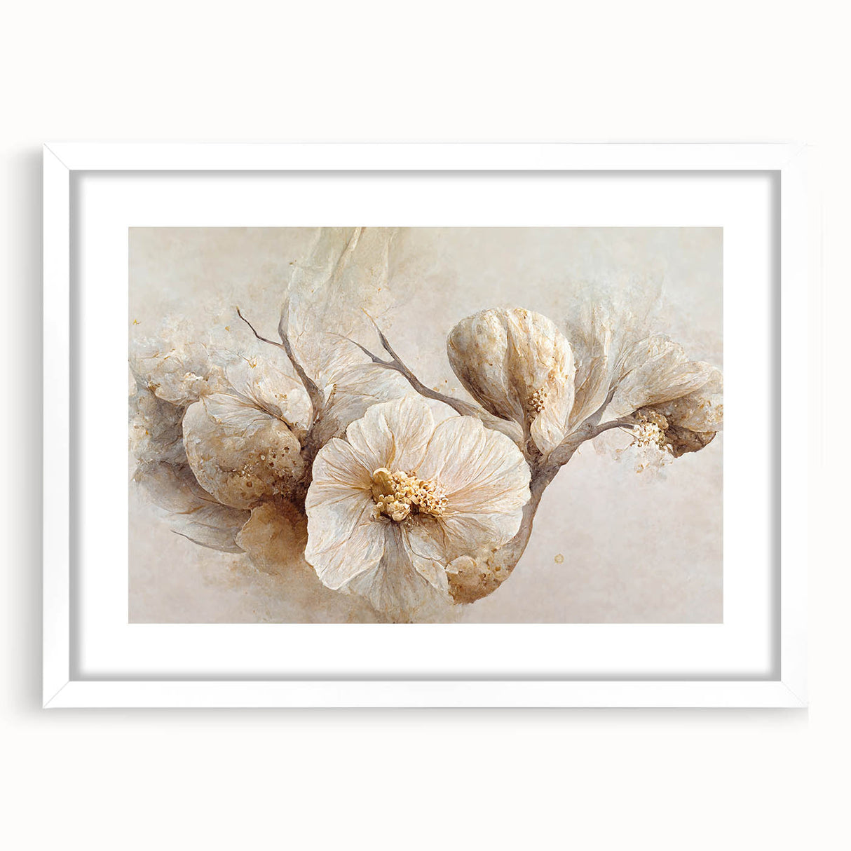 Abstract floral wall art in a white frame with a mat, showcasing vibrant colors and intricate patterns, ideal for modern home decor and artistic interiors.