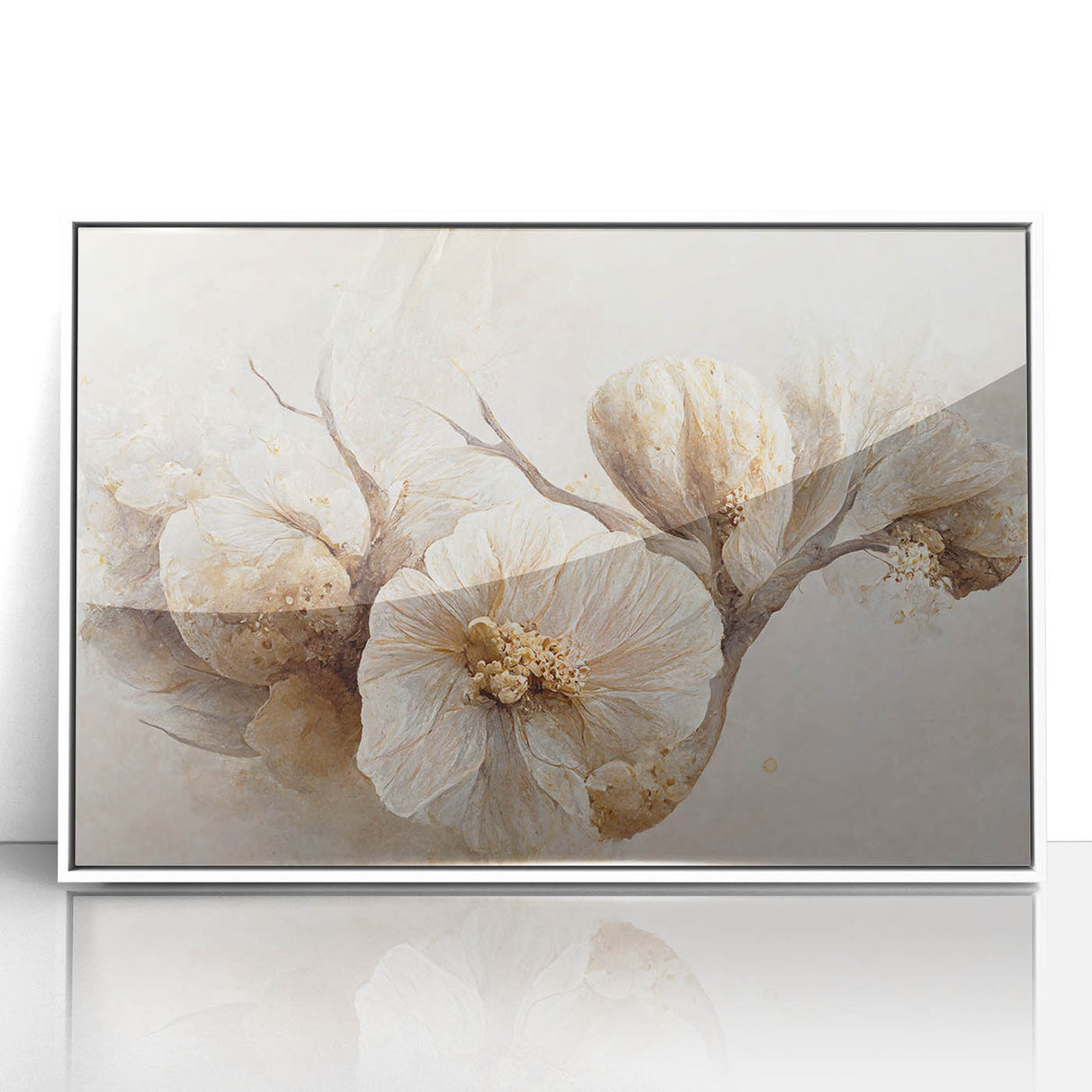 Framed abstract floral wall art in white acrylic, showcasing vibrant colors and intricate patterns, perfect for modern home decor and wall aesthetics.