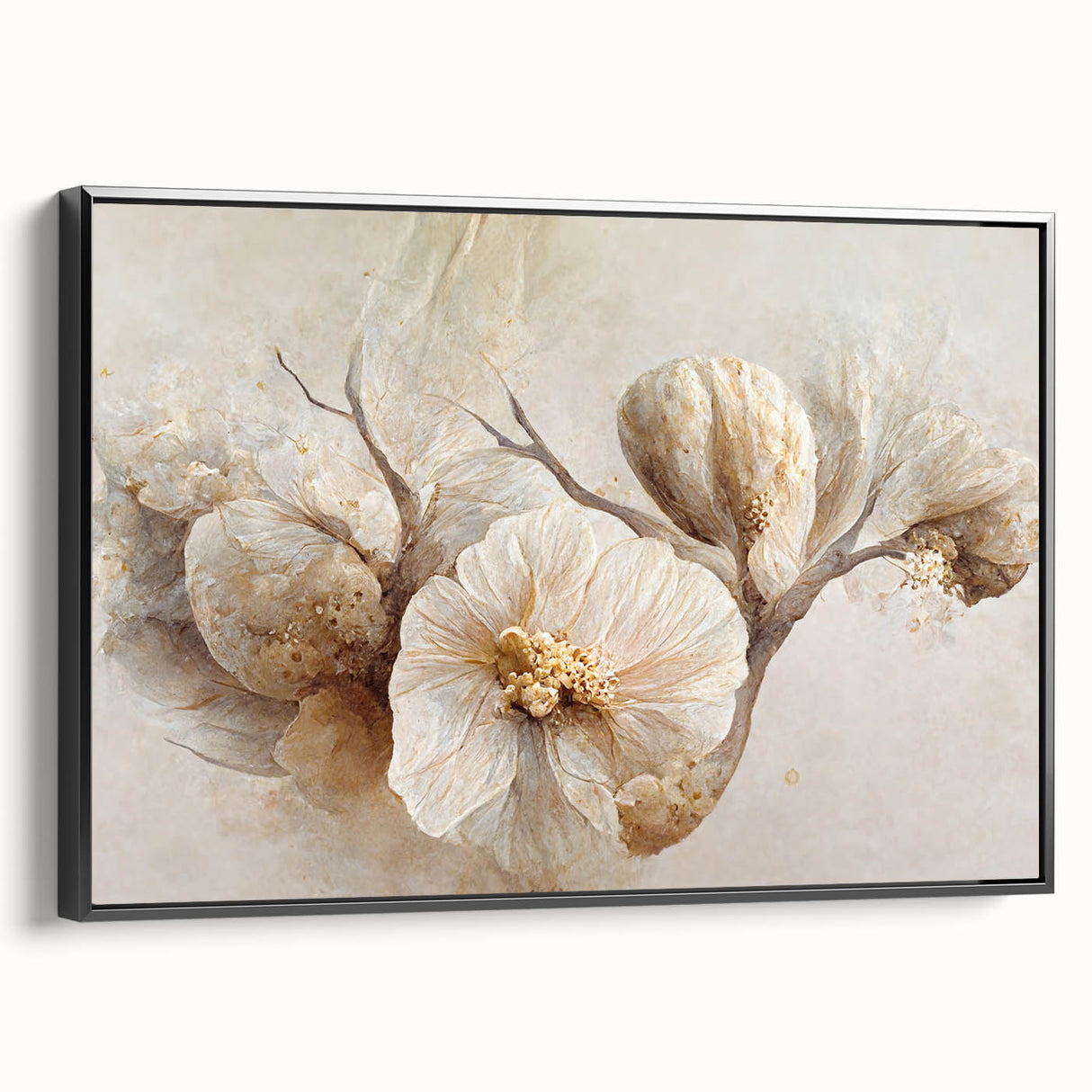 Framed abstract floral wall art in vibrant colors, showcasing intricate designs on a canvas, viewed from the side against a neutral background. Perfect for modern home decor.