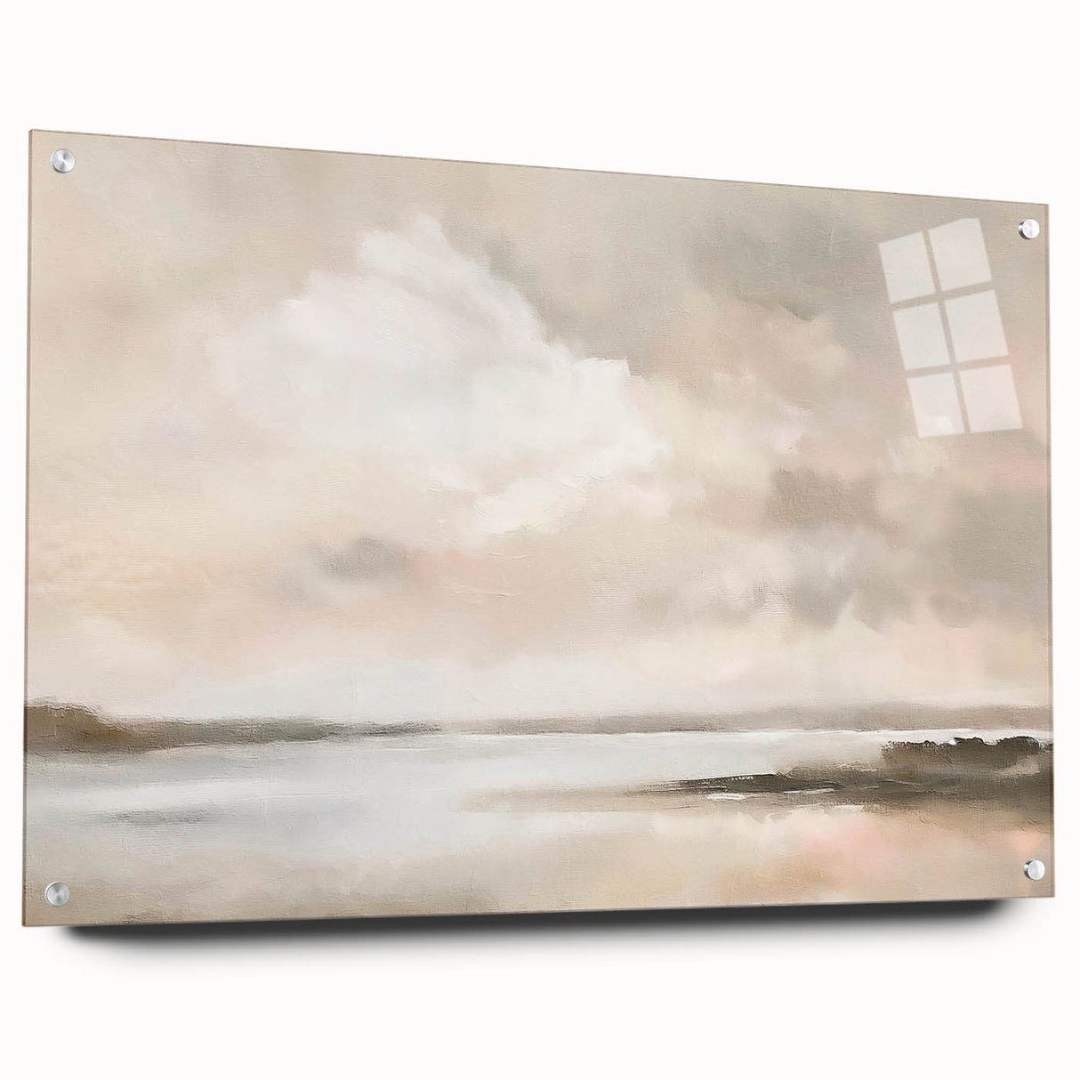 Abstract landscape wall art featuring vibrant colors in an acrylic glass frame, displayed from a side view with visible mounting pins, ideal for modern decor.