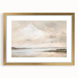 Abstract landscape wall art framed in gold with a white mat, showcasing vibrant colors and fluid shapes that evoke a serene natural environment, perfect for modern decor.