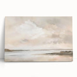 Abstract landscape wall art on stretched canvas, showcasing vibrant colors and fluid shapes, elegantly leaning against a neutral-toned wall, perfect for modern decor.