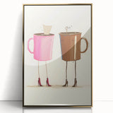 Large art print of a mid-century modernist food and drinks theme in gold and black hues, framed acrylic.