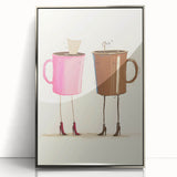 Mid-century modernist art depicting food and drinks in muted earth tones on a framed acrylic.