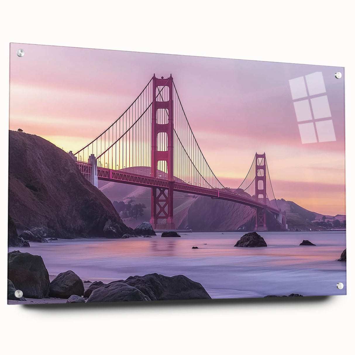 Acrylic glass landscape bridge design featuring a side view with visible pins, showcasing intricate details and vibrant colors, perfect for modern decor.