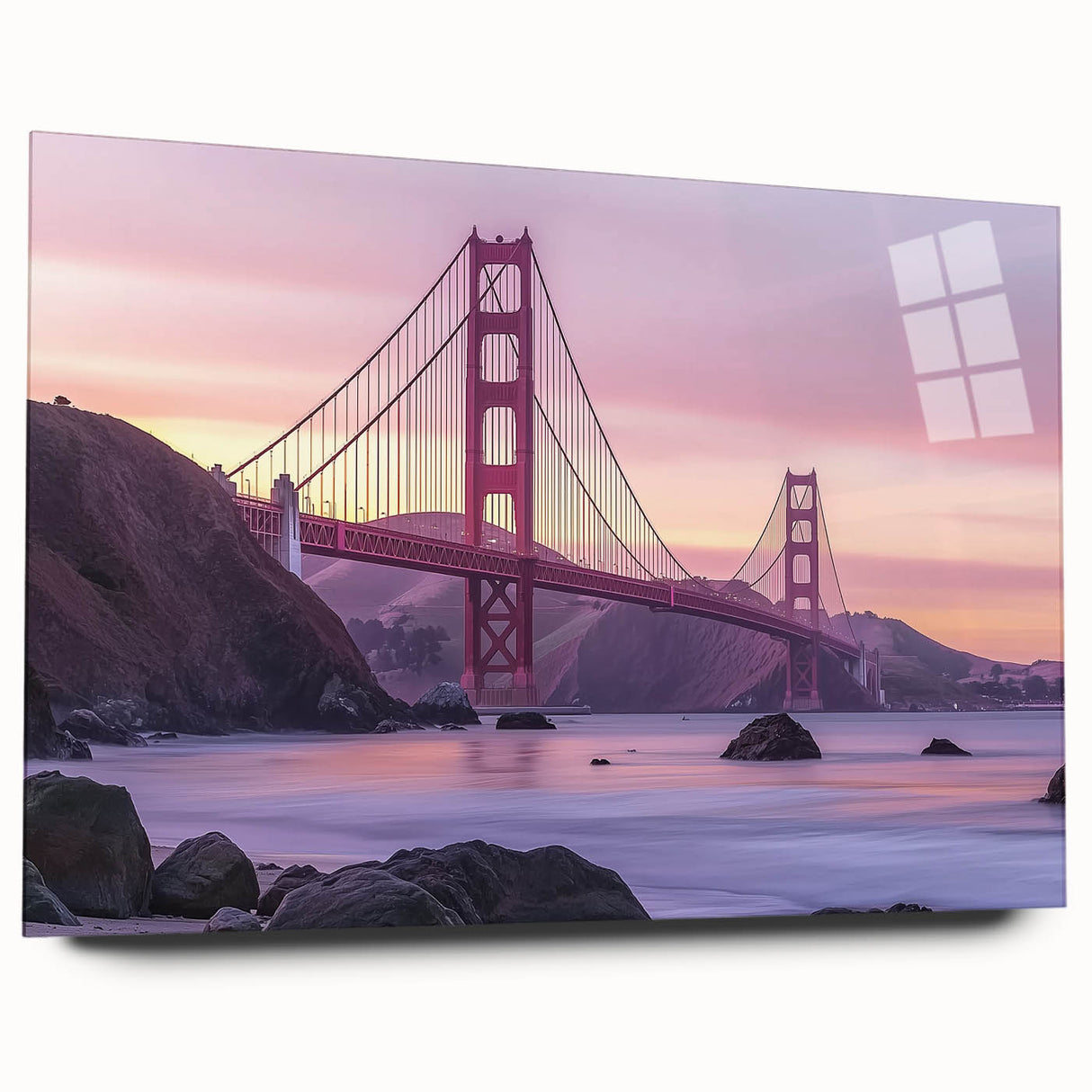 Acrylic landscape bridge model showcasing a side view without pins, featuring a sleek glass design with vibrant colors and intricate detailing, perfect for modern decor.