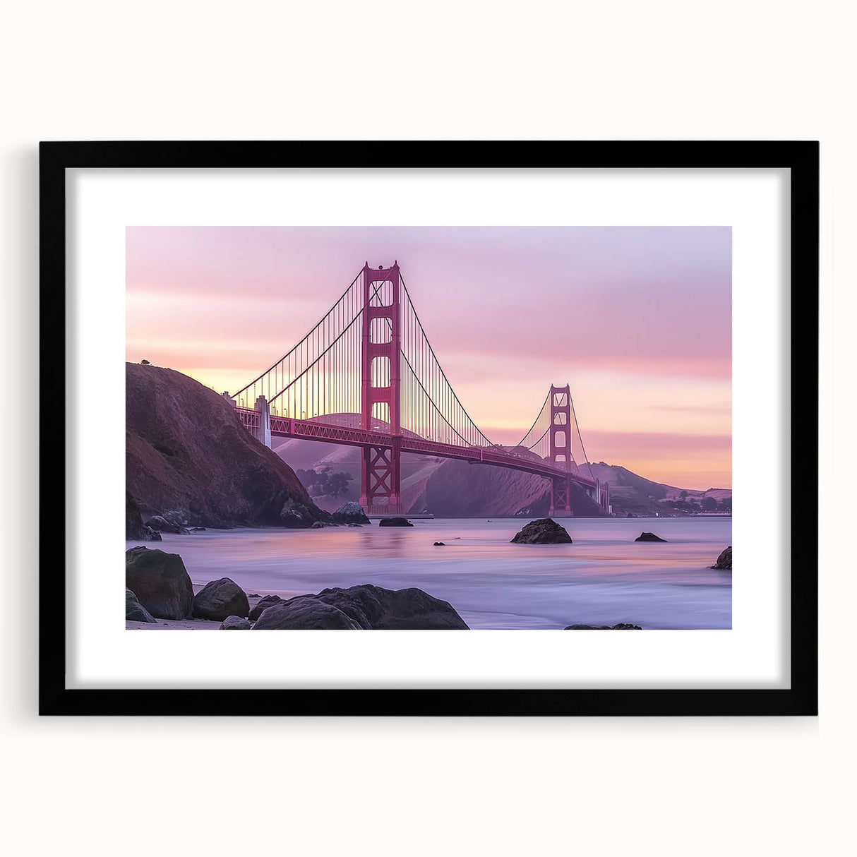 Black landscape bridge frame with mat, showcasing a sleek front view, perfect for enhancing decor in modern interiors. Ideal for displaying artwork or photography.