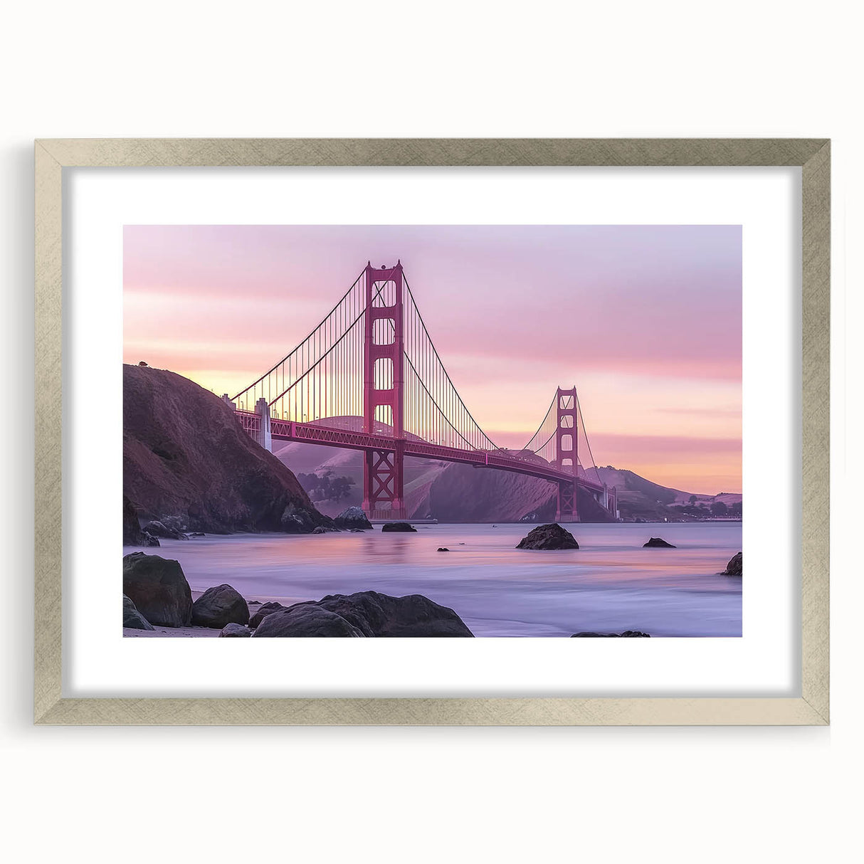 Landscape bridge frame with a silver mat, showcasing a modern design in front view. Ideal for displaying artwork or photographs in contemporary decor.