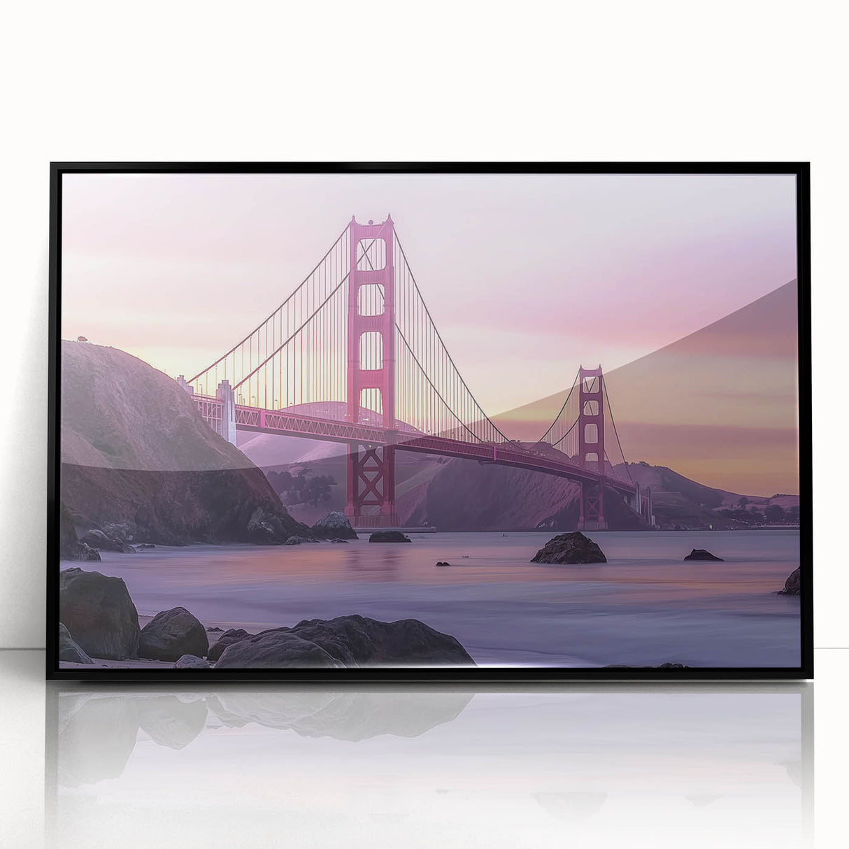 Framed acrylic artwork showcasing a landscape view of a bridge, featuring vivid colors and sharp details, ideal for modern home decor or office spaces.