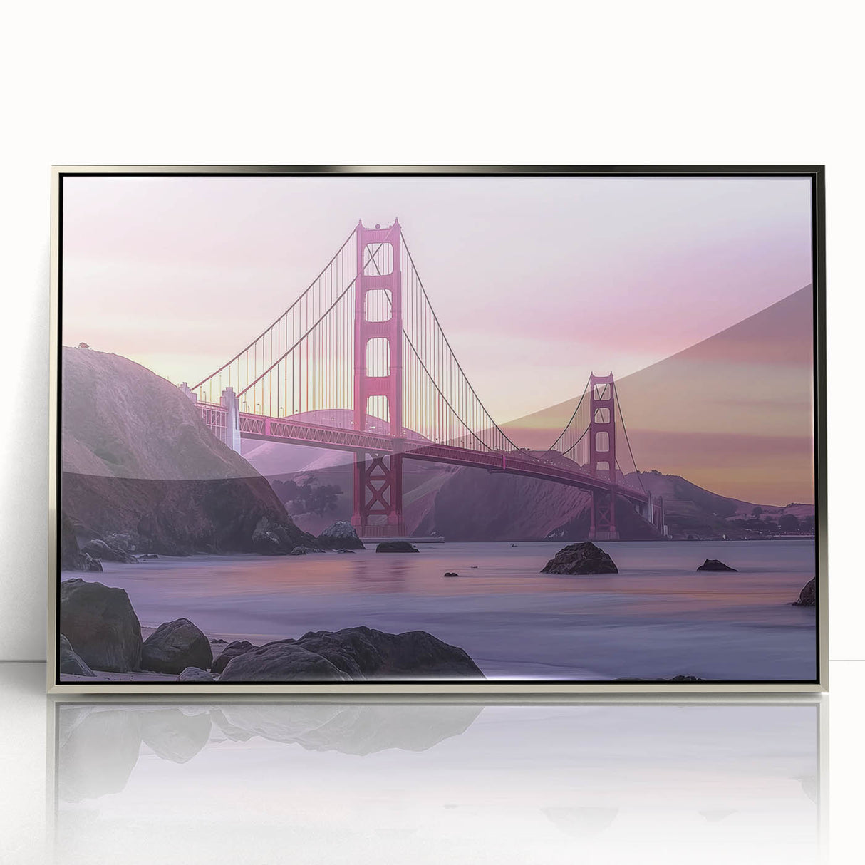 Framed acrylic artwork showcasing a landscape bridge scene in silver tones, elegantly displayed against a neutral background, ideal for modern home decor.