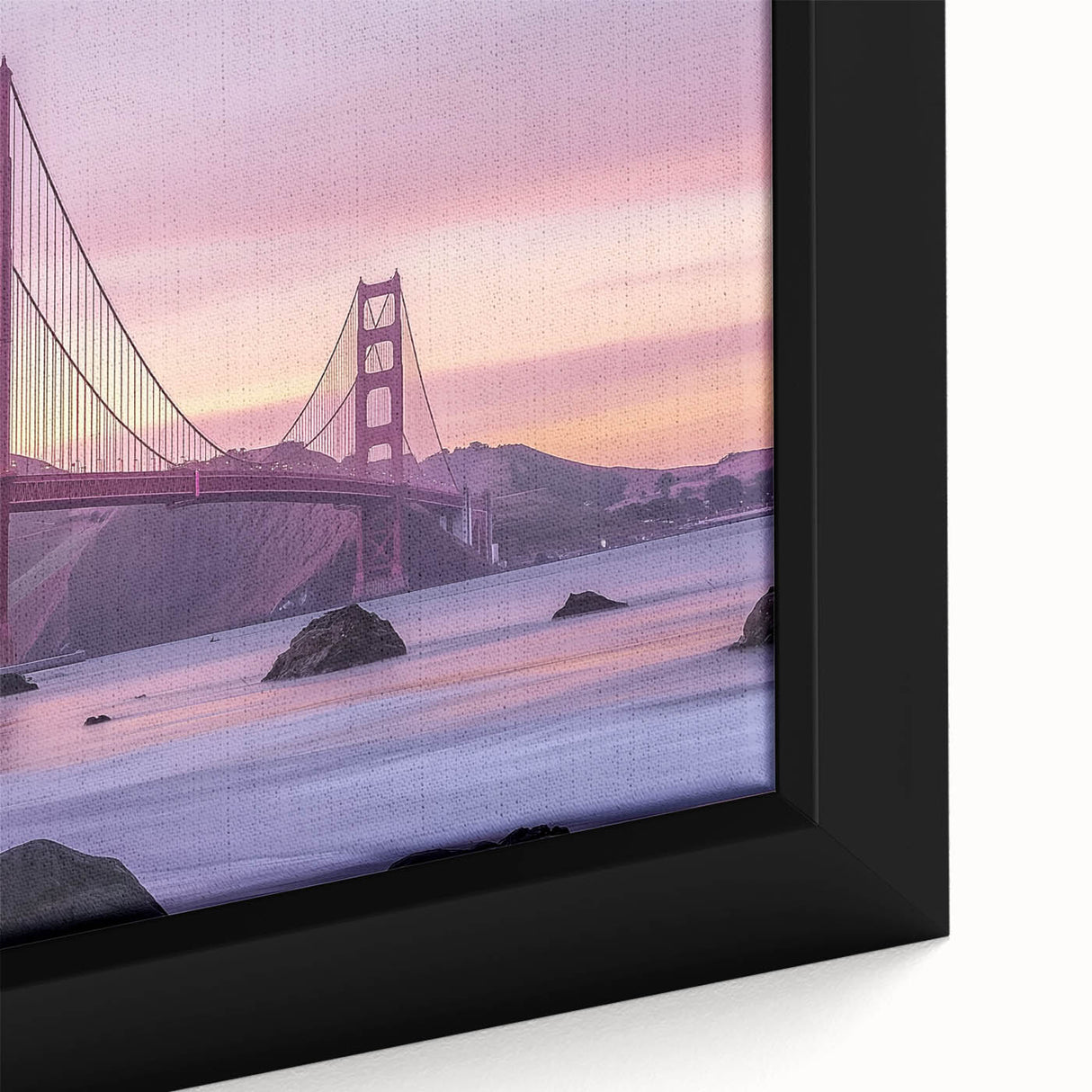 Close-up of a framed landscape canvas artwork depicting a serene bridge over water, featuring vibrant colors and detailed textures, perfect for home decor.