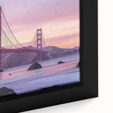 Close-up of a framed landscape canvas artwork depicting a serene bridge over water, featuring vibrant colors and detailed textures, perfect for home decor.