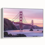 Framed canvas artwork showcasing a serene landscape bridge scene with vibrant colors, displayed from a side view against a white background, perfect for home decor.