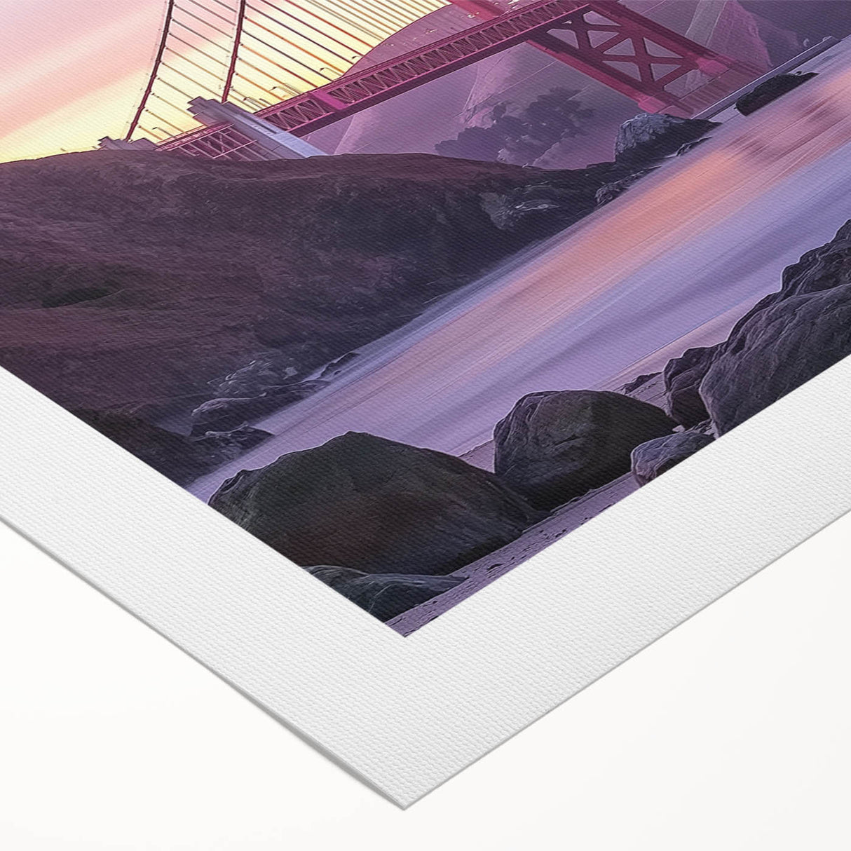 Rolled canvas print showcasing a vibrant landscape bridge design with lush greenery and a serene river, elegantly packaged in a protective cardboard tube for safe delivery.