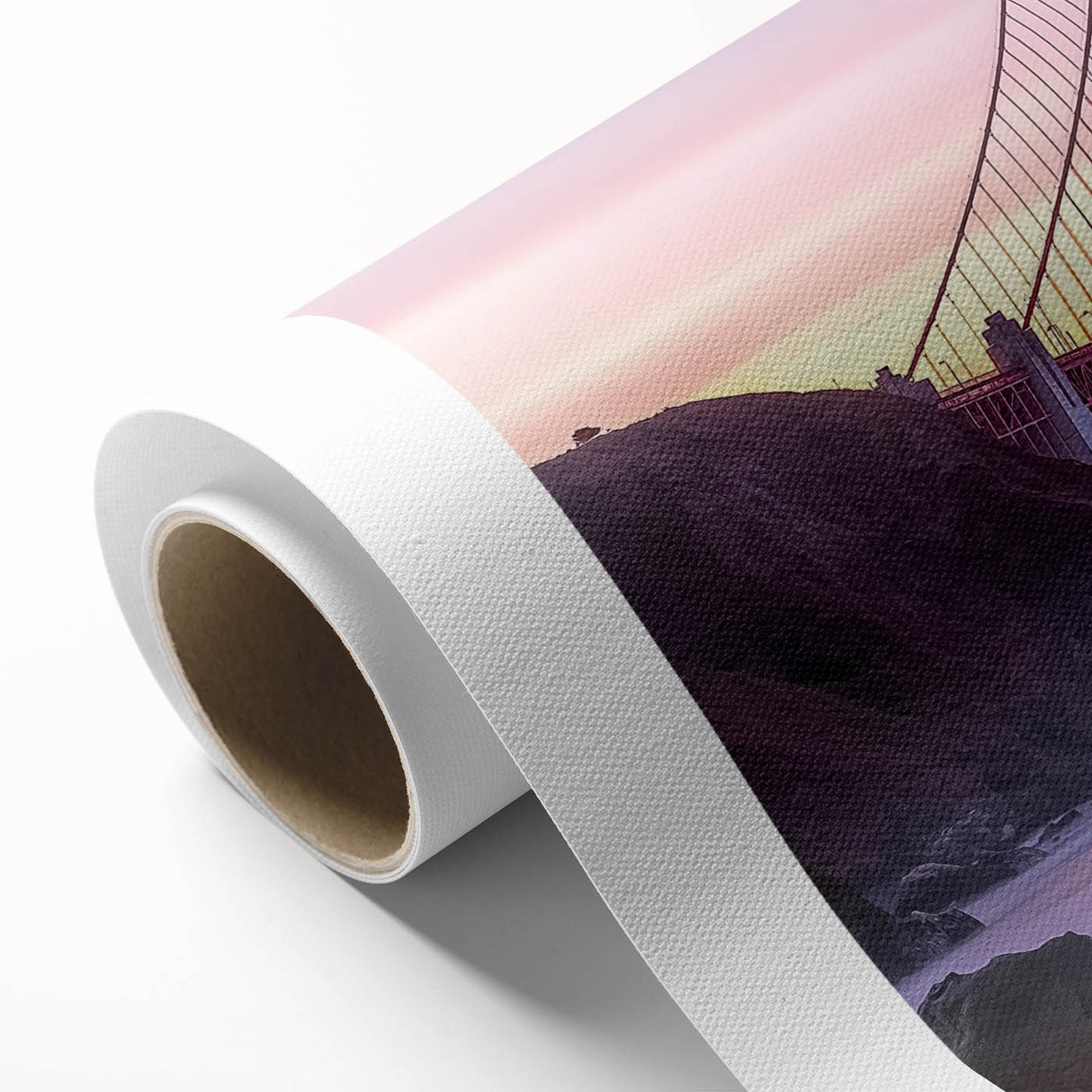Rolled canvas art print showcasing a vibrant landscape bridge design, featuring rich colors and intricate details, securely packaged in a protective cardboard tube.