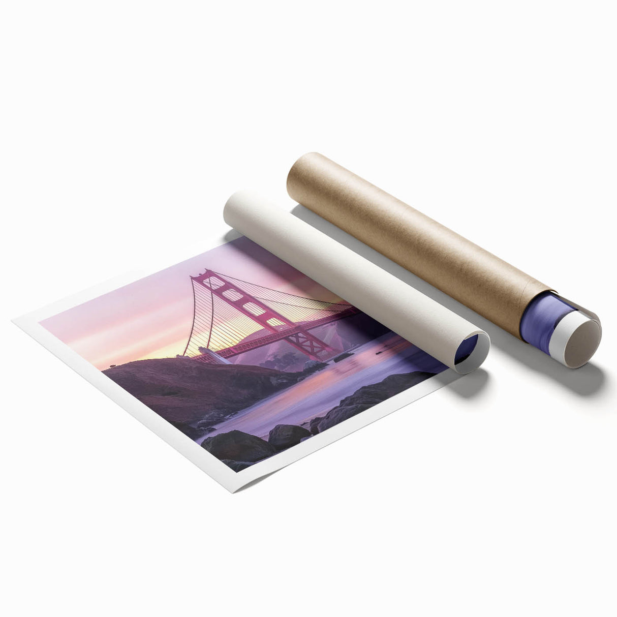 Landscape print of a serene bridge scene rolled up for shipping, showcasing vibrant colors and intricate details, perfect for home decor or art enthusiasts.