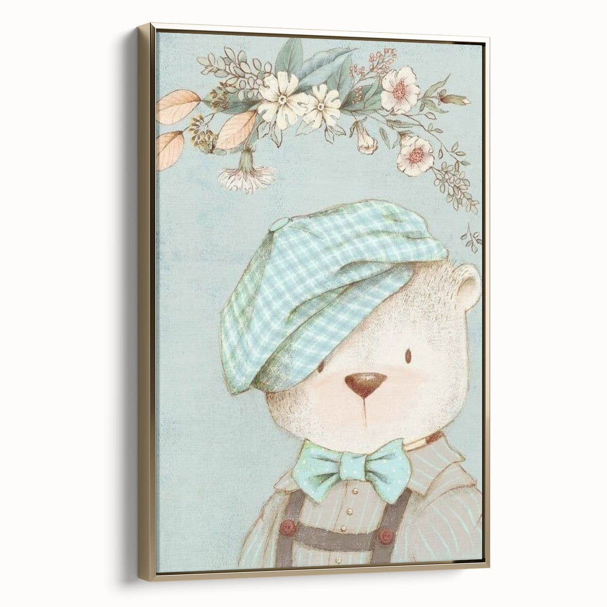 Charming Boys Room Wall Art – Bear with Floral Hat for Kids Rooms