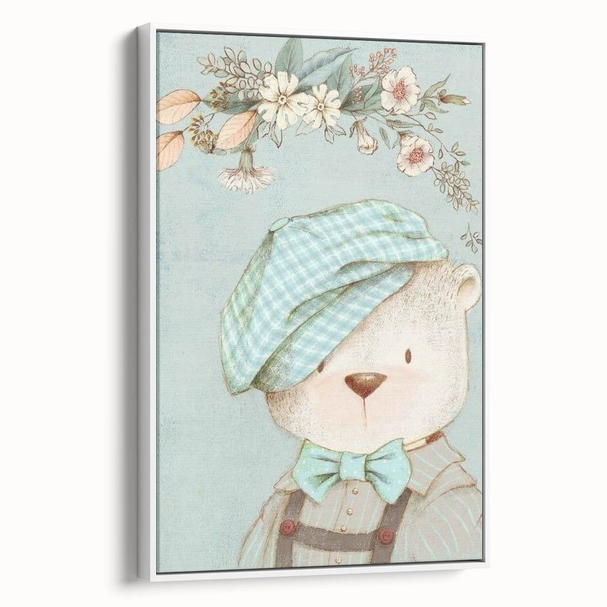 Charming Boys Room Wall Art – Bear with Floral Hat for Kids Rooms