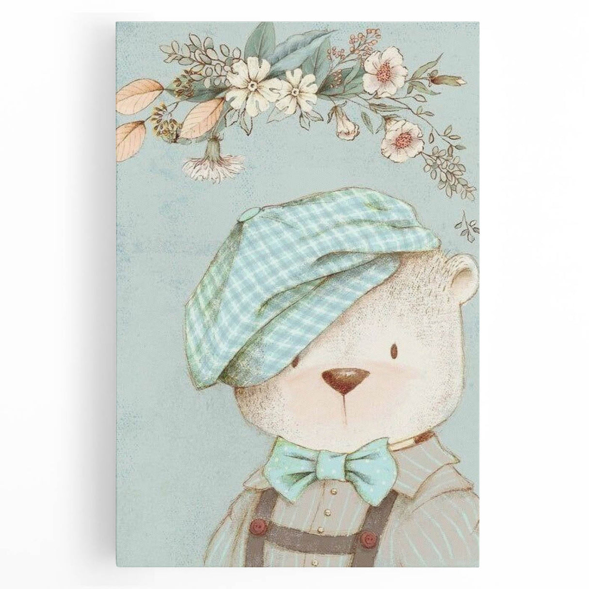 Charming Boys Room Wall Art – Bear with Floral Hat for Kids Rooms