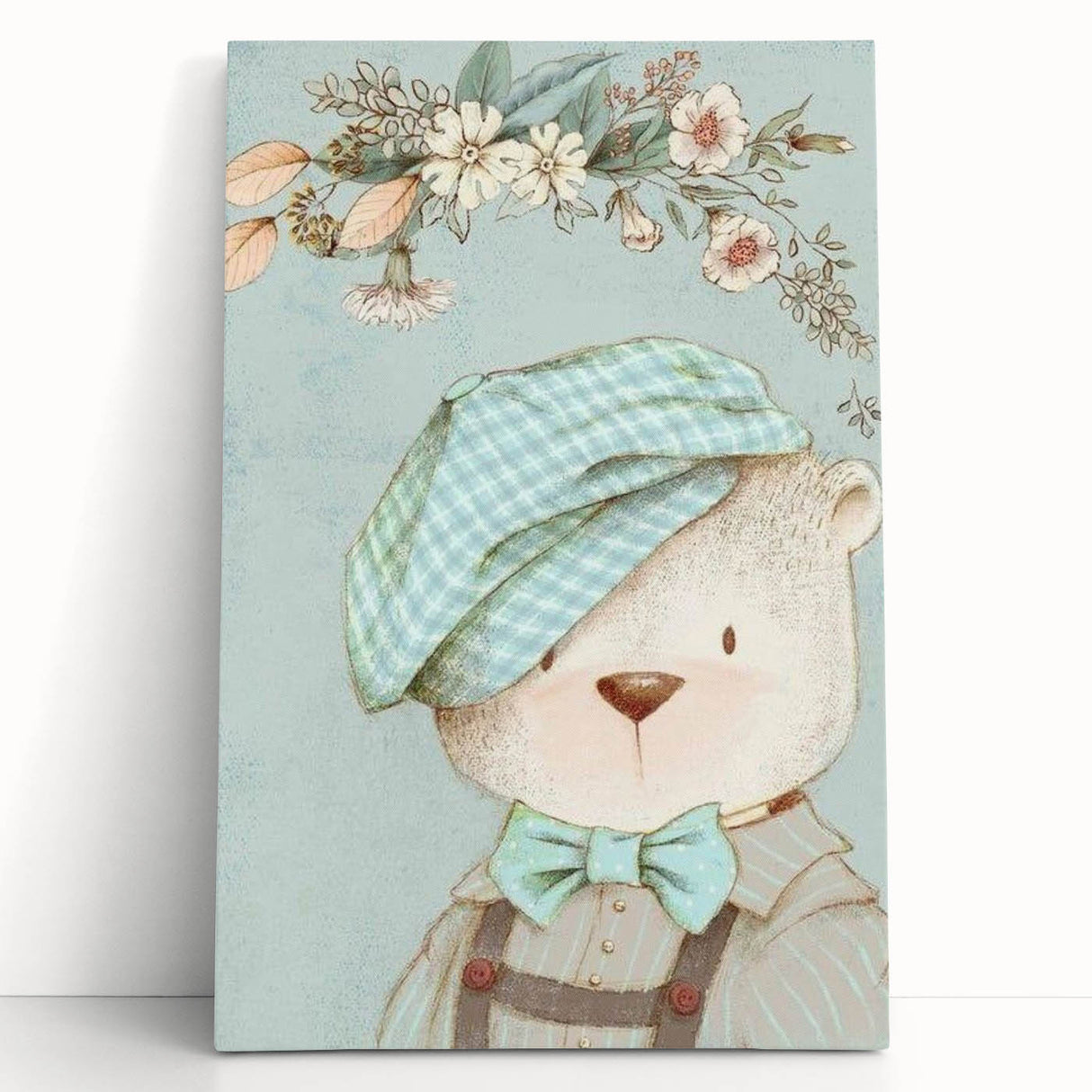 Charming Boys Room Wall Art – Bear with Floral Hat for Kids Rooms