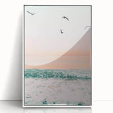 Art deco poster featuring a stylized summer scene in soft pastel shades on white framed acrylic, ideal for nursery wall art.