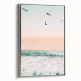 Landscape art painting of a summer scene on framed canvas, featuring vibrant colors and vintage poster style.