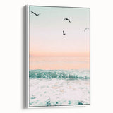 Vintage poster art of a summer scene with vibrant colors on a white framed canvas, suitable for living room decor.