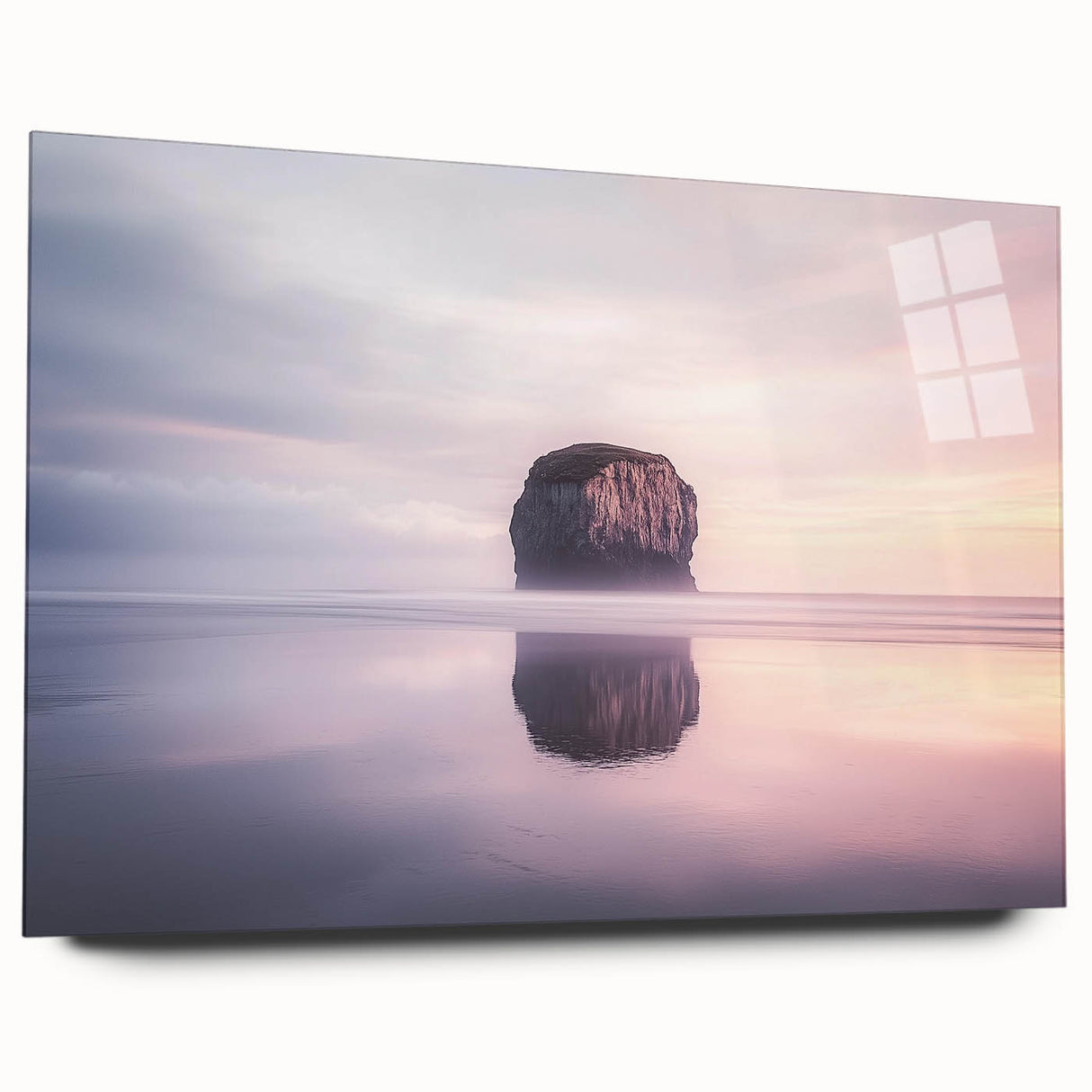 Cliffs landscape artwork created with acrylic and glass, showcasing a side view without pins, emphasizing vibrant colors and intricate details in a modern frame.