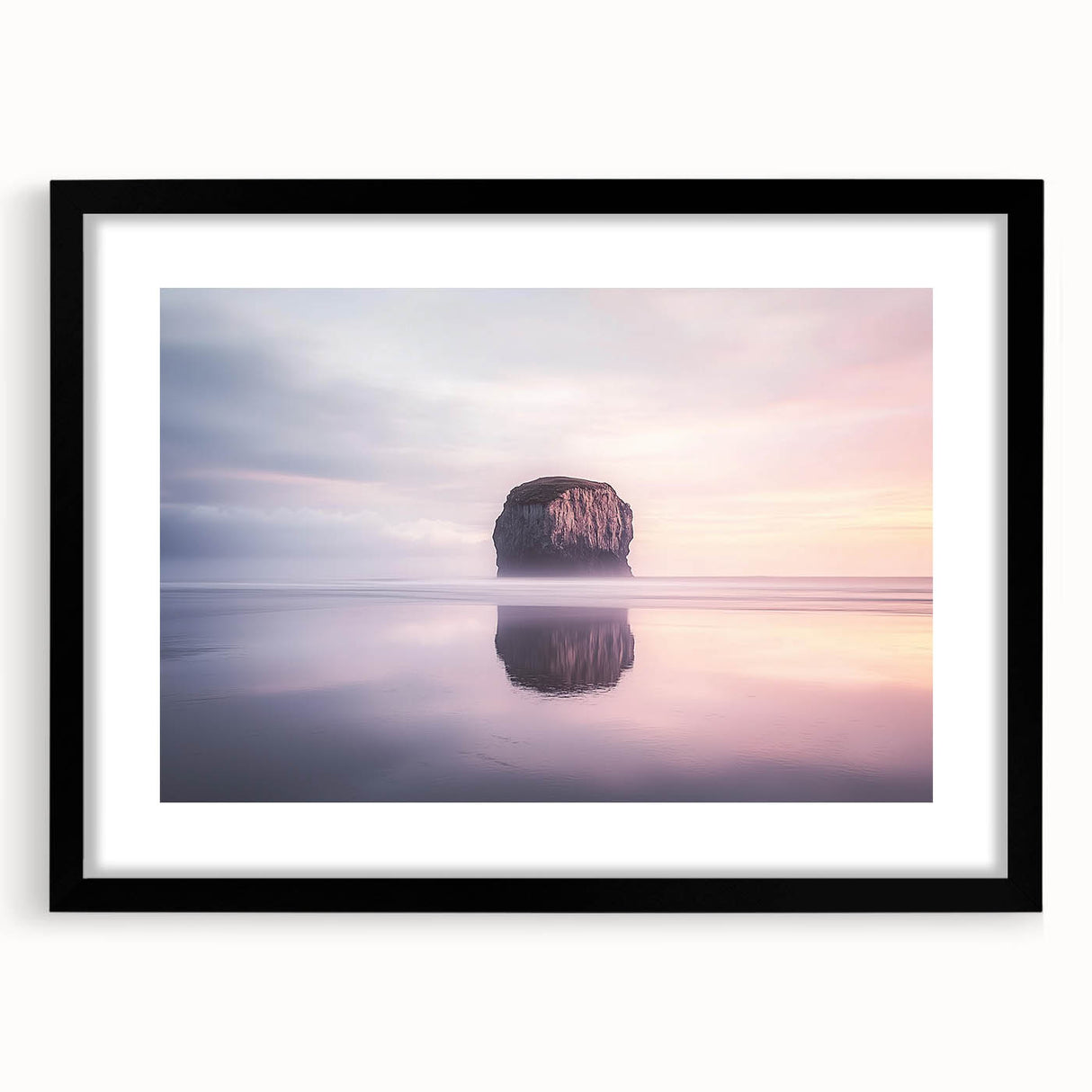 Black-framed landscape artwork depicting dramatic cliffs with a mat border, ideal for enhancing modern home decor and showcasing natural beauty.