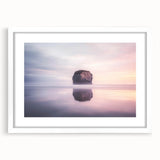 Framed landscape artwork showcasing dramatic cliffs and serene nature, presented with a white mat for an elegant touch, ideal for home decor.