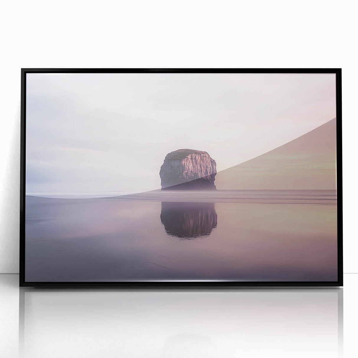Framed acrylic artwork showcasing a stunning landscape of cliffs against a vibrant sky, featuring black framing that enhances the scenic view, ideal for home decor.
