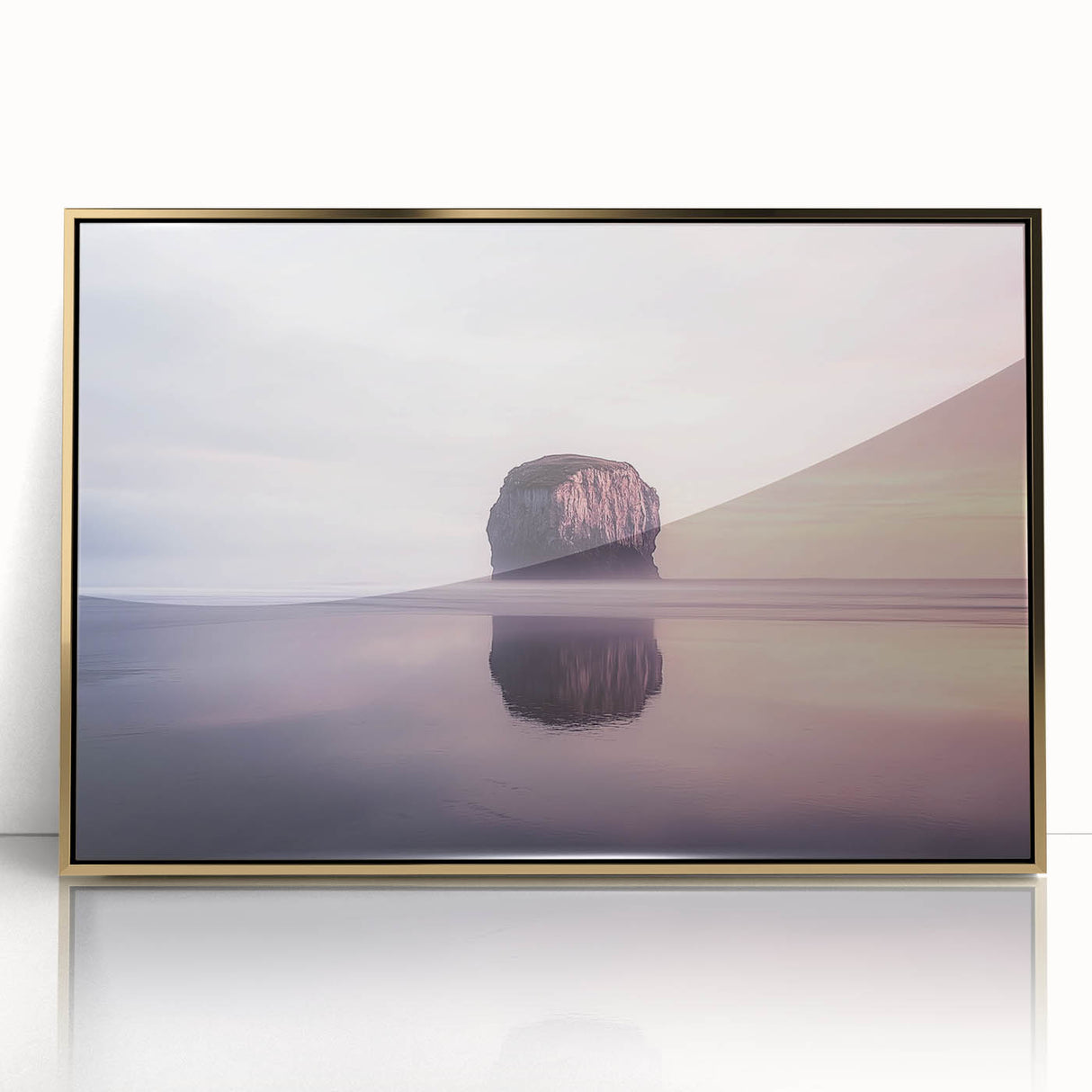Framed acrylic artwork showcasing a stunning landscape of cliffs bathed in golden hues, elegantly designed to enhance modern decor and evoke tranquility.