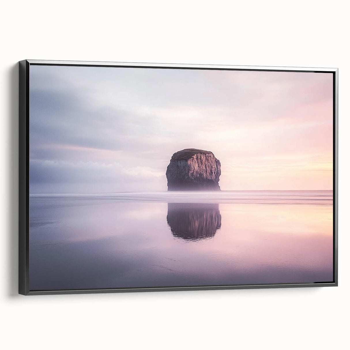 Framed canvas artwork depicting dramatic cliffs and landscapes, showcased in a sleek black frame, highlighting the intricate details and vibrant colors of nature.