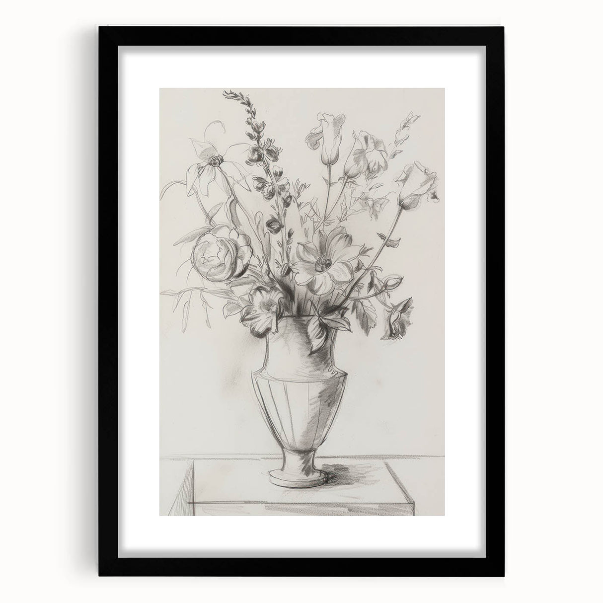 Elegant Floral Sketch - Monochrome Vase Living Room Wall Art