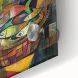 Abstract figurative acrylic artwork displayed on glass, showcasing vibrant colors and intricate details, perfect for modern decor and artistic expression.