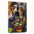 Abstract figurative acrylic artwork displayed in a glass frame, showcasing vibrant colors and intricate details, with decorative pins highlighting its unique design.
