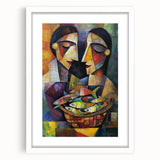 Abstract figurative wall art frame with a white mat, showcasing intricate patterns and vibrant colors, ideal for modern home decor and artistic displays.