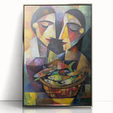 Framed abstract figurative wall art with a silver-accented border, showcasing vibrant colors and dynamic shapes, perfect for modern home decor.