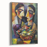 Framed abstract figurative canvas artwork with a silver frame, showcasing vibrant colors and dynamic shapes, ideal for modern home decor.